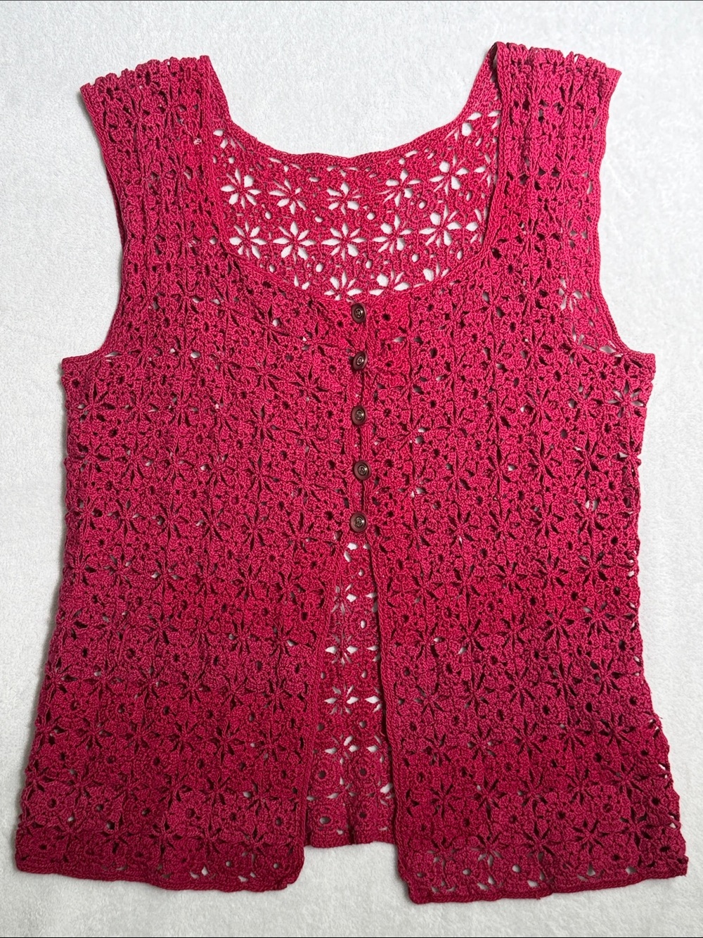 Crochet Button-Front Camisole Vest in Raspberry Pink